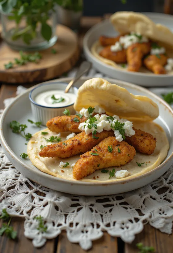 Groene kruiden gyros met gebakken kip, verse groenten en kruiden-tzatzikisaus