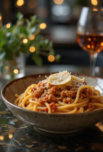 Spaghetti Bolognese met verse basilicum en bestrooid met parmezaan