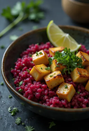 Curry-buddha bowl met biet, quinoa en limoeentofu