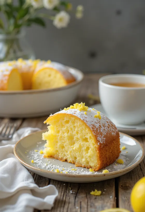 Citroencake bestrooid met verse citroenschil en poedersuiker