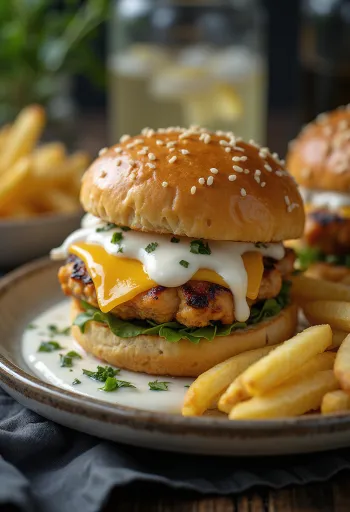Kipburger met Ranch-dressing geserveerd