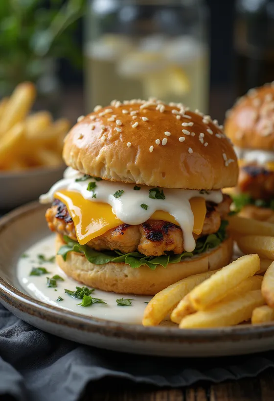 Kipburger met Ranch-dressing geserveerd