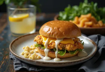 Kipburger met Ranch-dressing geserveerd