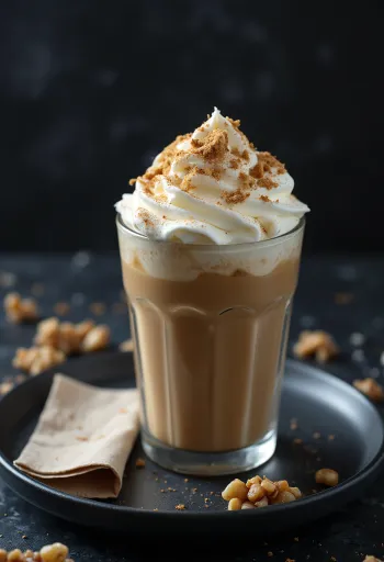 Kaneel-walnoot frappuccino versierd met slagroom en gemalen walnoot