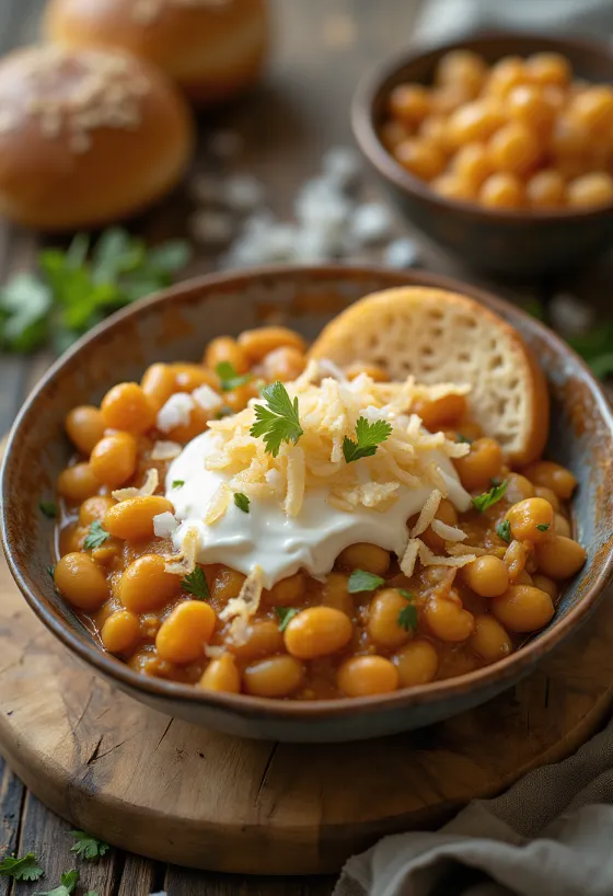 Misal pav met dahi (yoghurt), geserveerd met pav broodjes en verse koriander
