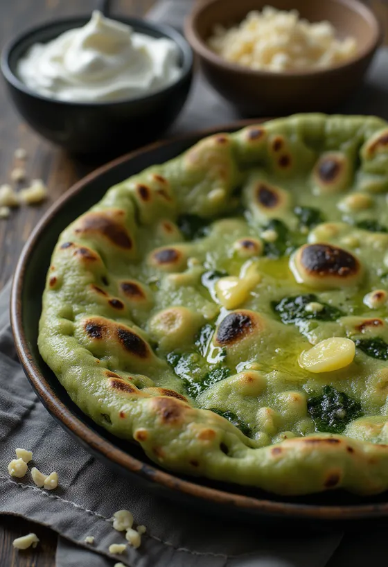 Vers gebakken spinazie naan op een bord