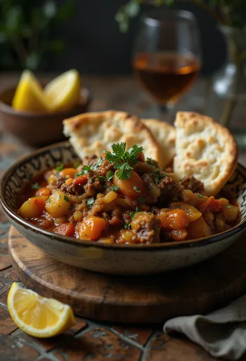 Thareed met lamsvlees, versierd met verse koriander