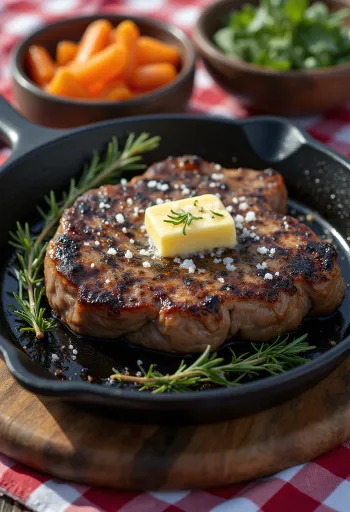 Jak steak geserveerd met geroosterde groenten en verse rozemarijn