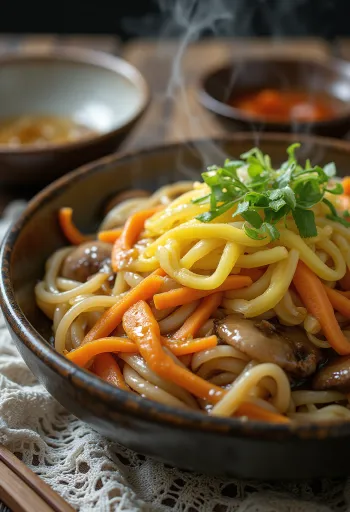 Yaki udon vers, knapperig gebakken, geserveerd met ei in rijke sojasaus