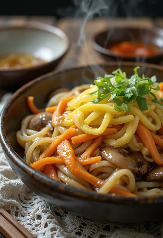 Yaki udon vers, knapperig gebakken, geserveerd met ei in rijke sojasaus