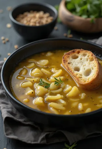 Caldillo met knoflook geserveerd met vers brood