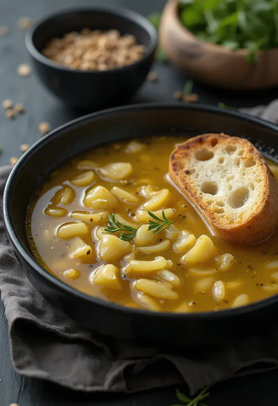Caldillo met knoflook geserveerd met vers brood