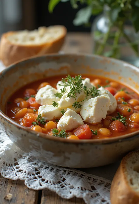 Fasolada met feta, bonensoep geserveerd met verse olijfolie