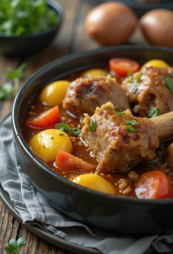 Khashlama geserveerd met lamsvlees en groenten