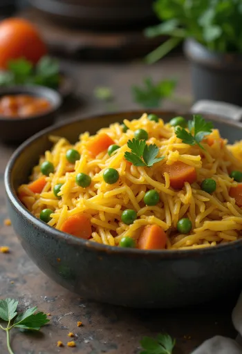 Machboos met groenten, kruidig, smakelijk gerecht geserveerd met verse groenten en rijst