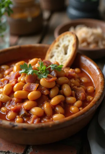 Bonen in tomatensaus bestrooid met verse peterselie, geserveerd in een diepe kom.