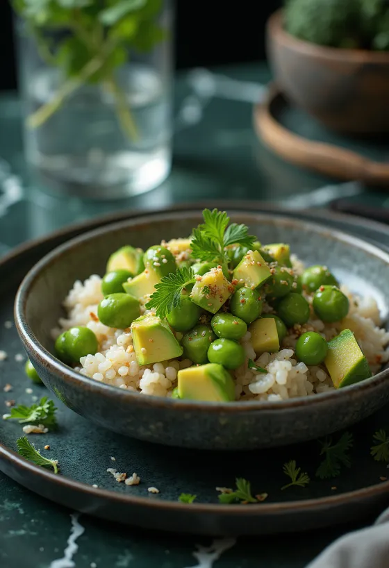Poké bowl met edamame, verse groenten en rijstbed, versierd met koriander en limoensap.