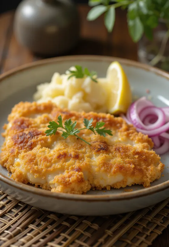 Varkensschnitzel met aardappelsalade geserveerd op een bord.