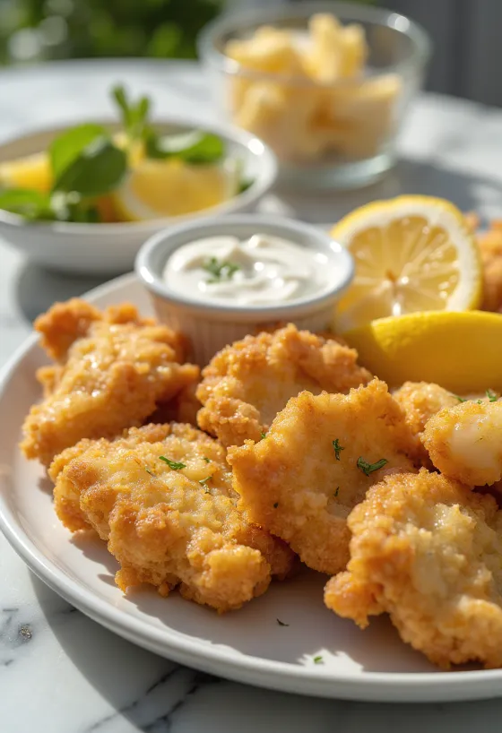 Gepaneerde hersenen geserveerd in een krokante korst met verse groenten