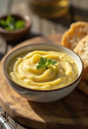 Alioli knoflooksaus geserveerd met vers brood