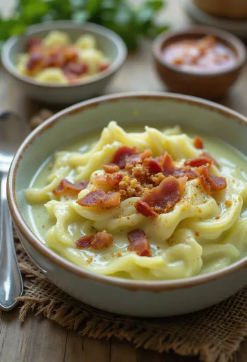 Romige savooiekoolsoep met spekjes in een kom