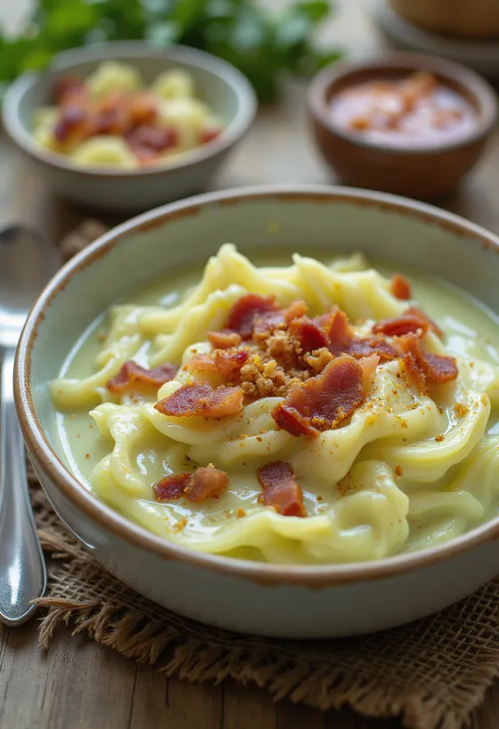 Romige savooiekoolsoep met spekjes in een kom
