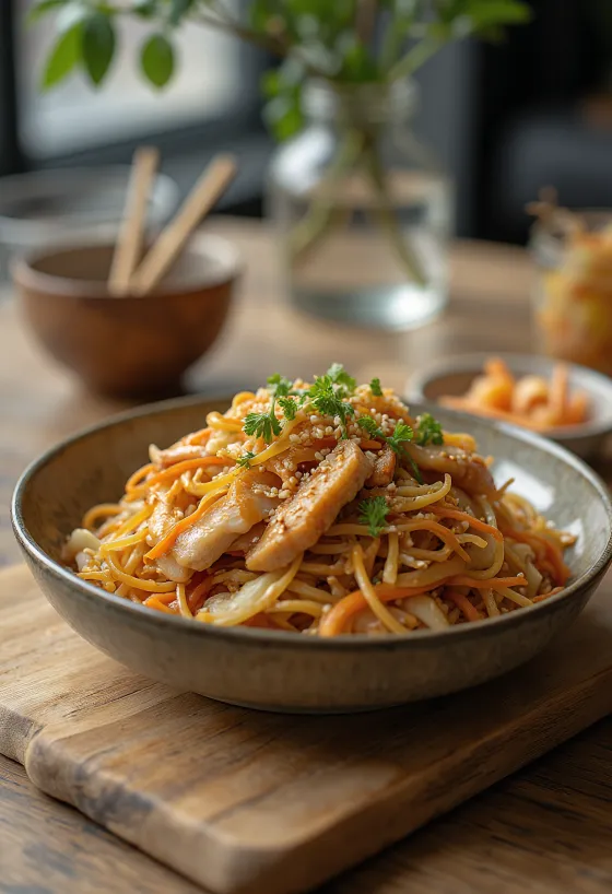 Yakisoba met kip, Japanse woknoedels met knapperige groenten