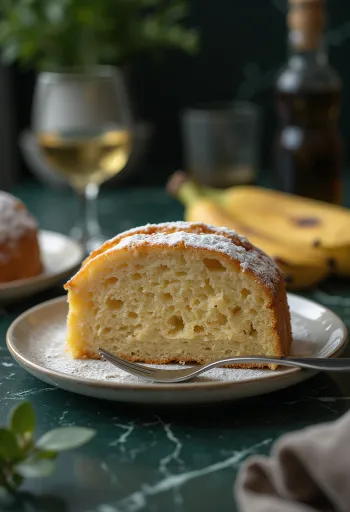 Bananencake in goudbruine kleur, in plakjes gesneden