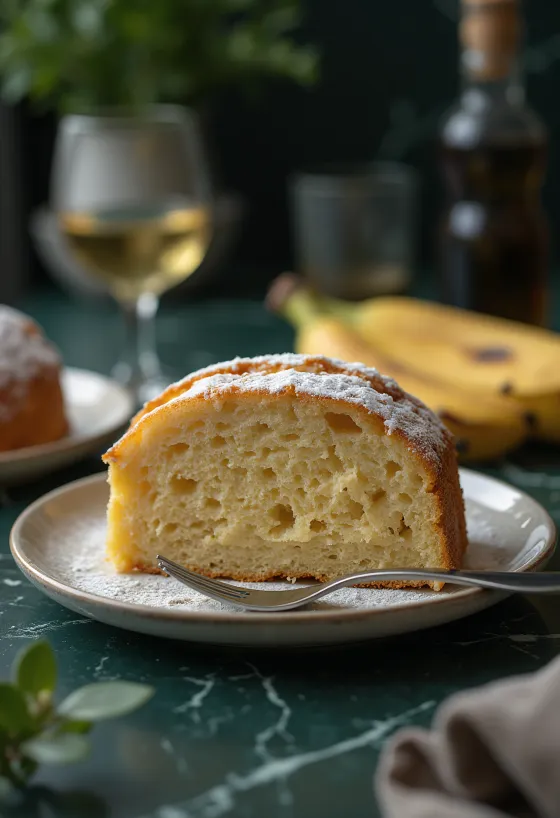 Bananencake in goudbruine kleur, in plakjes gesneden