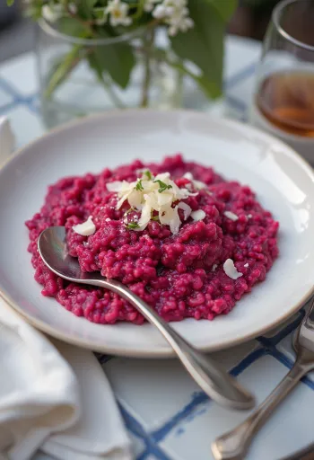 Bietenrisotto, romige textuur, geserveerd met verse peterselie en vegan parmezaan.
