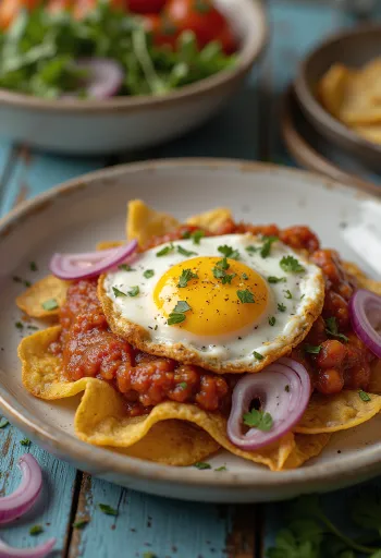 Chilaquiles met guajillosalsa geserveerd met verse koriander en ei