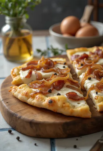 Flammkuchen met zure room, ui en spek