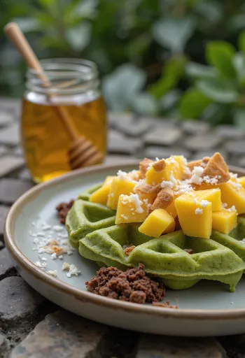 Fusion wafels geserveerd met matcha en mango