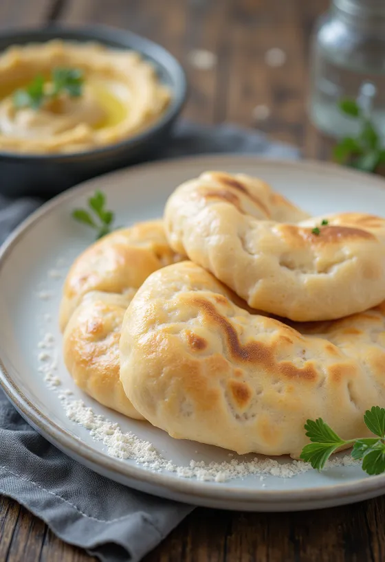 Glutenvrij pitabroodje goudbruin gebakken, geserveerd op een rustieke plank