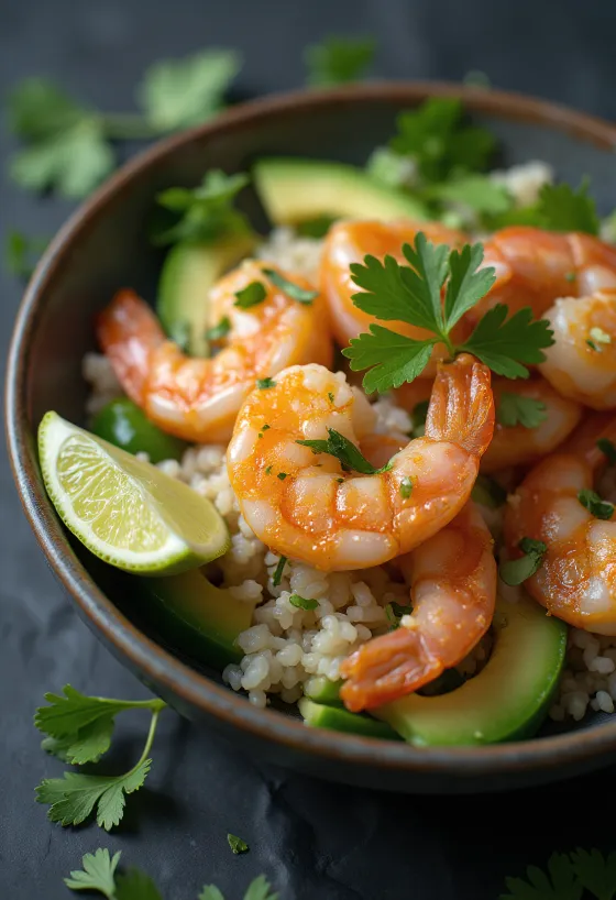 Poké bowl met garnalen, verse groenten en rijstbed, versierd met koriander en limoensap.