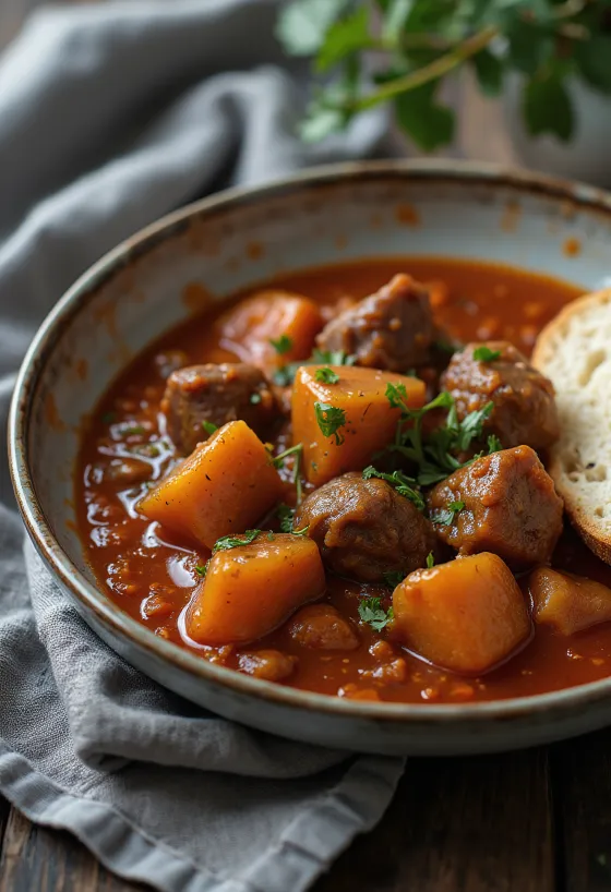 Struisvogelgoulash geserveerd met vers brood.