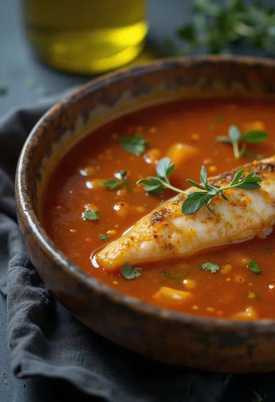 Psarosoupa verrijkt met olijfolie, rijke vissoep geserveerd met verse olijfolie en citroensap