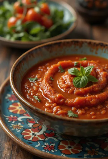 Tomatensaus met gerookte paprika geserveerd bij gebakken aardappelen