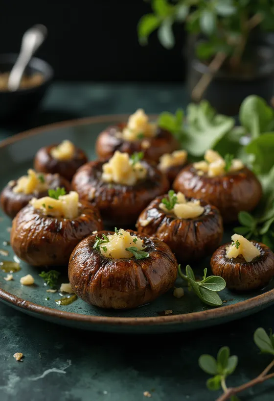 Krokant gebakken champignonkoppen op smaak gebracht met kruiden en knoflook, geserveerd op een wit bord.