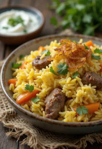 Groente biryani met lamsvlees, rijke kruidige rijst en mals lamsvlees