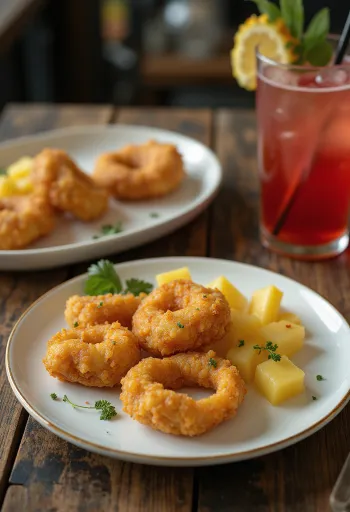 Acarajé met ananas, geserveerd met pittige bonenballetjes en verse ananas