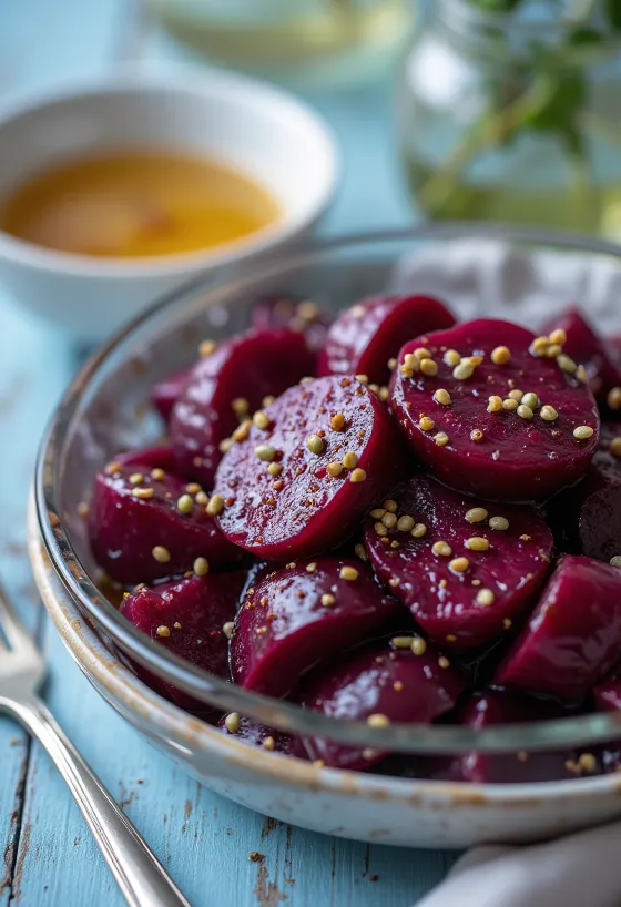 bietensalade geserveerd met verse groenten en balsamico-dressing