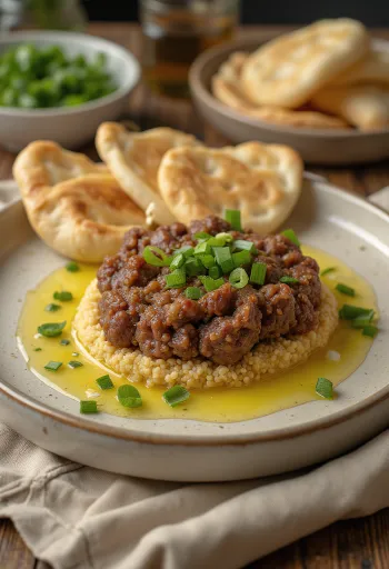 Kibbeh Nayyeh geserveerd met vers pitabrood en granaatappelpitten