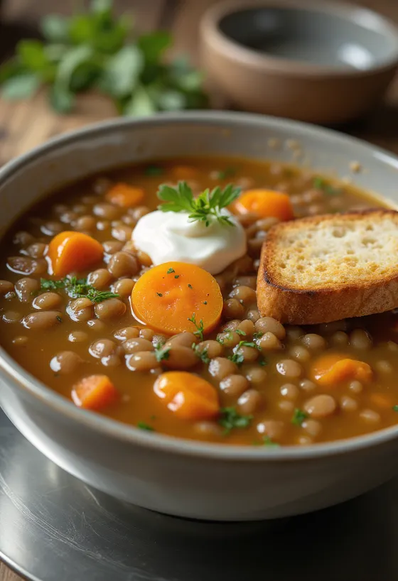 Traditionele linzensoep met wortel, aardappel en laurierblad, klaar om te serveren.