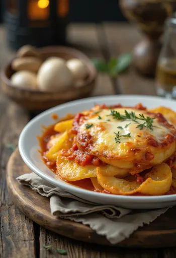 Parmigiana met gebakken aardappelen, gelaagd met aubergine en kaas, gebakken in tomatensaus