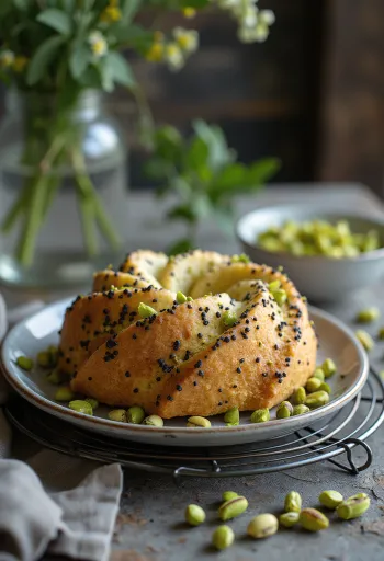 Pistache-maanzaadtaart geserveerd