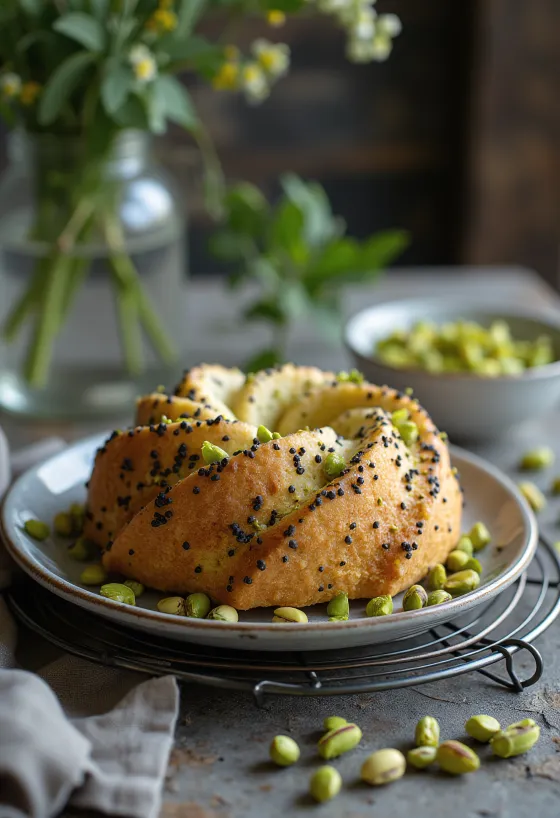 Pistache-maanzaadtaart geserveerd