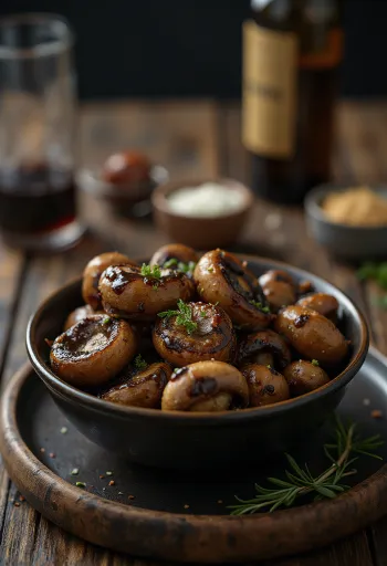 Geroosterde champignons in balsamico geserveerd