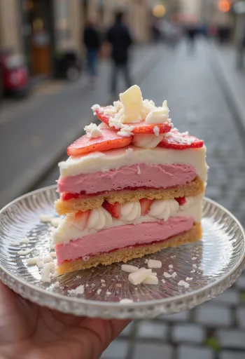 Viennetta strawberry ijs geserveerd met aardbeienlagen en knapperige chocolade