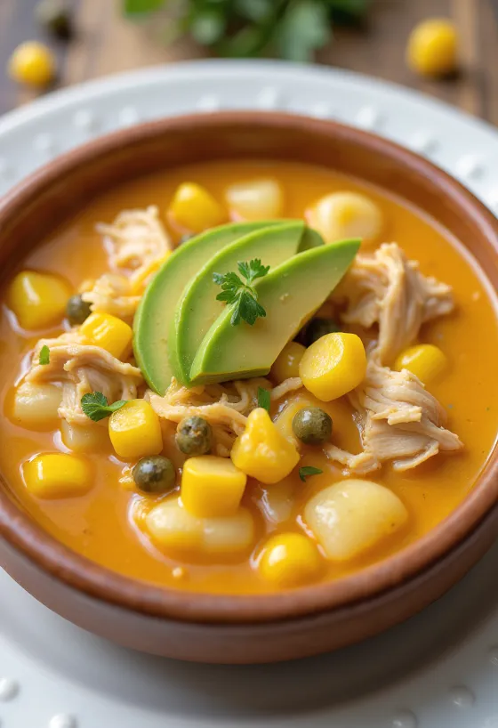 Ajiaco met kip geserveerd